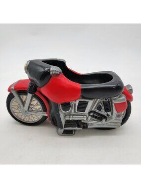 Handpainted Red & Black Motorcycle Pottery Planter  Decorative Collectible